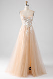 A-Line Champagne Strapless Corset Formal Dress with Appliques