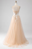 A-Line Champagne Strapless Corset Formal Dress with Appliques