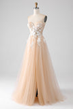 A-Line Champagne Strapless Corset Formal Dress with Appliques