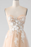 A-Line Champagne Strapless Corset Formal Dress with Appliques