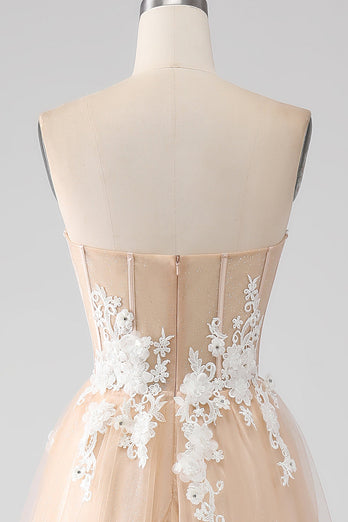 A-Line Champagne Strapless Corset Formal Dress with Appliques