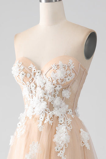 A-Line Champagne Strapless Corset Formal Dress with Appliques
