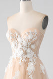 A-Line Champagne Strapless Corset Formal Dress with Appliques