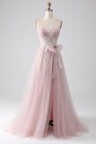 Sparkly A Line Strapless Tulle Formal Dress with Bow