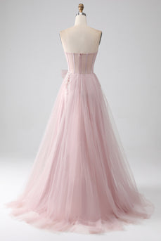 Sparkly A Line Strapless Tulle Formal Dress with Bow