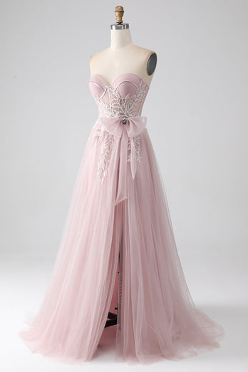 Sparkly A Line Strapless Tulle Formal Dress with Bow