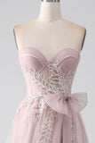 Sparkly A Line Strapless Tulle Formal Dress with Bow