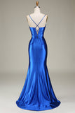 Royal Blue Spaghetti Straps Mermaid Long Formal Dress With Slit