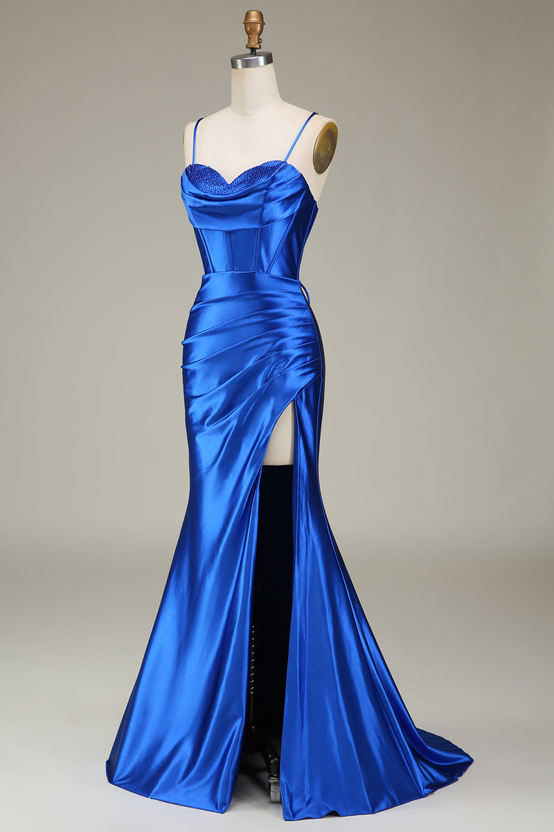 Load image into Gallery viewer, Royal Blue Spaghetti Straps Mermaid Long Formal Dress With Slit