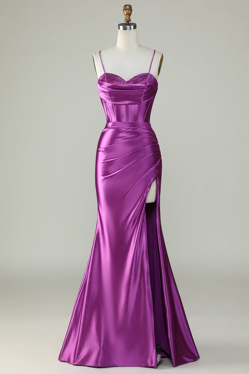 Load image into Gallery viewer, Dark Purple Spaghetti Straps Mermaid Long Corset Formal Dress With Slit