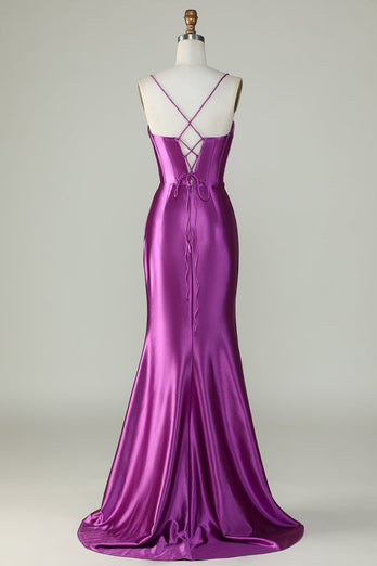 Dark Purple Spaghetti Straps Mermaid Long Corset Formal Dress With Slit