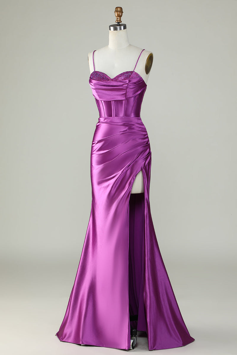 Zapaka Women Dark Purple Corset Formal Dress With Slit Spaghetti Straps ...
