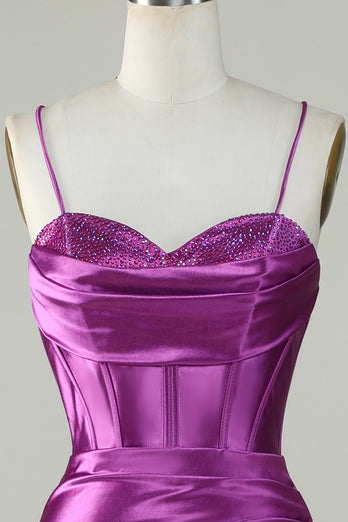 Dark Purple Spaghetti Straps Mermaid Long Corset Formal Dress With Slit