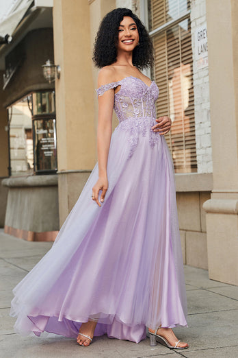 Gorgeous A Line Off the Shoulder Purple Corset Formal Dress with Appliques