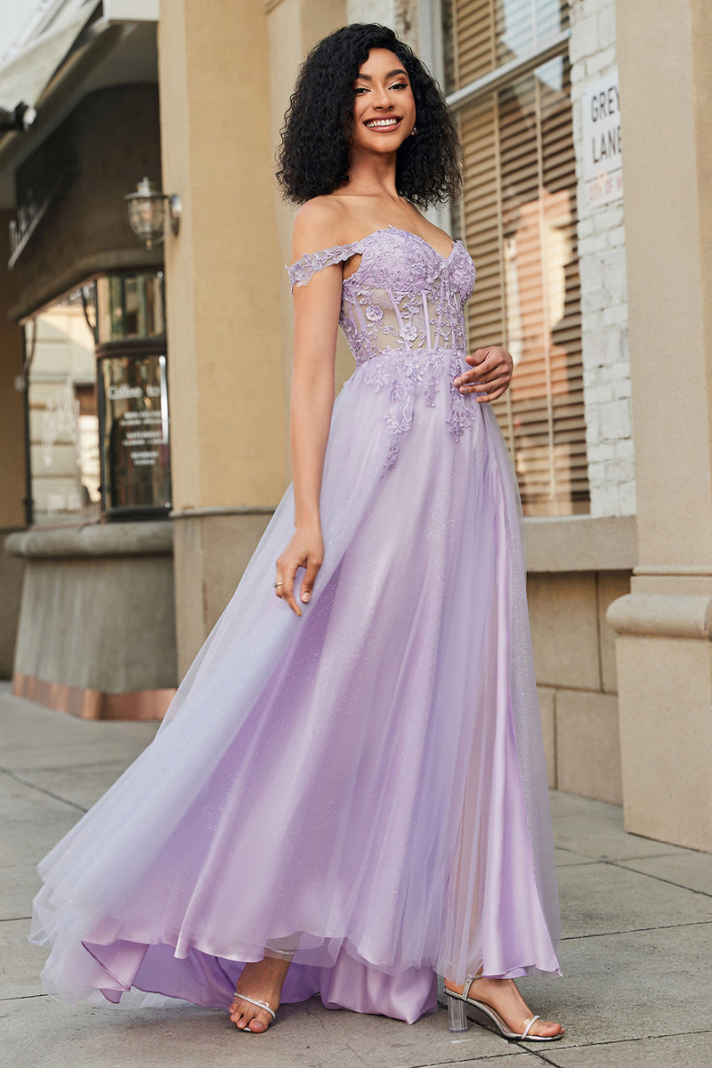Load image into Gallery viewer, Gorgeous A Line Off the Shoulder Purple Corset Formal Dress with Appliques