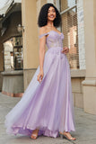 Gorgeous A Line Off the Shoulder Purple Corset Formal Dress with Appliques