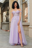 Gorgeous A Line Off the Shoulder Purple Corset Formal Dress with Appliques