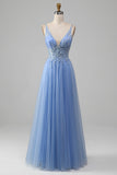 Light Blue A-Line V Neck Tulle Formal Dress With Appliques