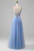 Load image into Gallery viewer, Light Blue A-Line V Neck Tulle Formal Dress With Appliques