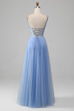 Light Blue A-Line V Neck Tulle Formal Dress With Appliques