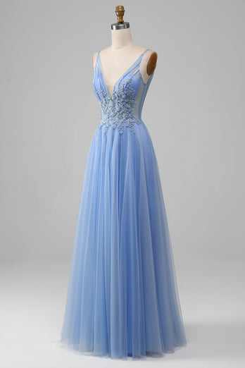Light Blue A-Line V Neck Tulle Formal Dress With Appliques