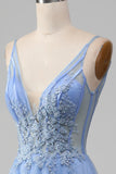 Light Blue A-Line V Neck Tulle Formal Dress With Appliques