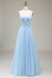 Sparkly Light Blue A-Line Tulle Formal Dress With Appliques