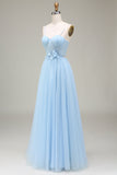 Sparkly Light Blue A-Line Tulle Formal Dress With Appliques