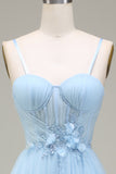 Sparkly Light Blue A-Line Tulle Formal Dress With Appliques