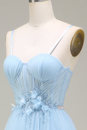 Sparkly Light Blue A-Line Tulle Formal Dress With Appliques