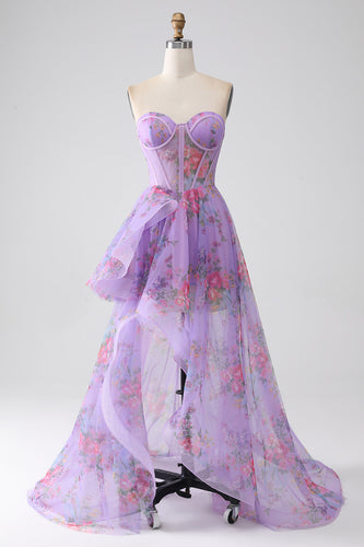 Purple Printed Strapless Corset Formal Dress