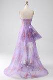 Purple Printed Strapless Corset Formal Dress