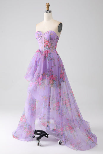 Purple Printed Strapless Corset Formal Dress