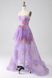 Purple Printed Strapless Corset Formal Dress