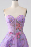 Purple Printed Strapless Corset Formal Dress