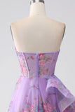 Purple Printed Strapless Corset Formal Dress