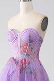 Purple Printed Strapless Corset Formal Dress