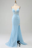 Glitter Sky Blue Spaghetti Straps Mermaid Formal Dress with Slit