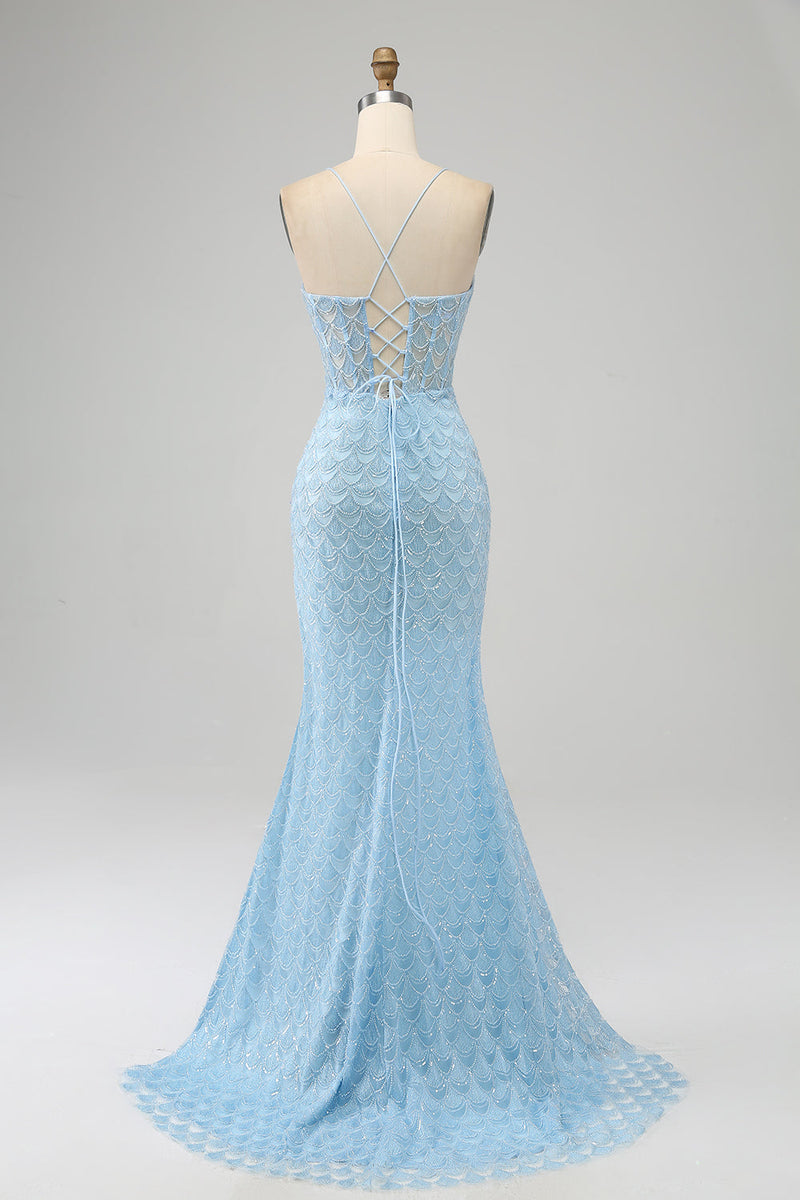 Load image into Gallery viewer, Glitter Sky Blue Spaghetti Straps Mermaid Formal Dress with Slit