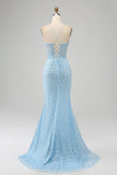 Glitter Sky Blue Spaghetti Straps Mermaid Formal Dress with Slit