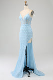 Glitter Sky Blue Spaghetti Straps Mermaid Formal Dress with Slit