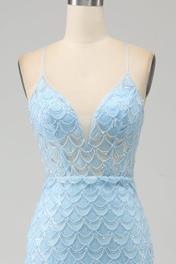Glitter Sky Blue Spaghetti Straps Mermaid Formal Dress with Slit