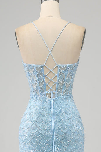 Glitter Sky Blue Spaghetti Straps Mermaid Formal Dress with Slit