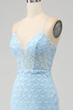 Glitter Sky Blue Spaghetti Straps Mermaid Formal Dress with Slit