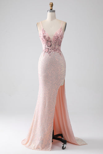 Glitter Pink Beaded Mermaid Formal Dress with Slit