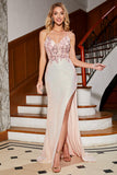 Beaded Mermaid Glitter Pink Formal Dress with Slit