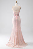 Glitter Pink Beaded Mermaid Formal Dress with Slit