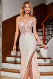 Beaded Mermaid Glitter Pink Formal Dress with Slit