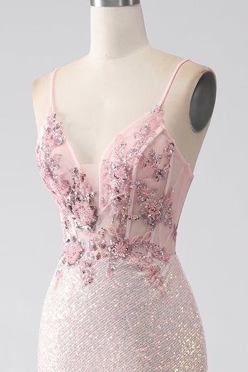 Glitter Pink Beaded Mermaid Formal Dress with Slit