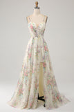 A-Line Flower Printed Ivory Formal Dress with Slit